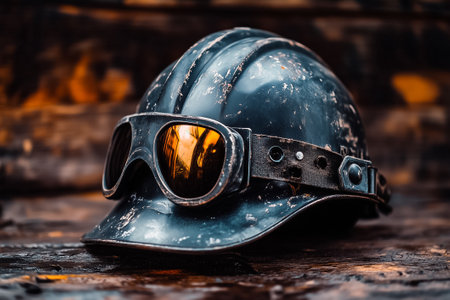 A well-worn safety helmet paired with goggles sits on rustic wood, evoking a sense of adventure and protection.の素材