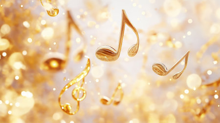 Floating musical notes shimmer in a golden light, embodying the joy and magic of music in a dreamlike atmosphere.の素材