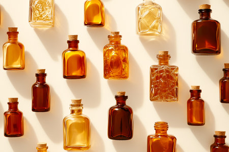 A collection of amber bottles of different shapes casts elegant shadows, showcasing creativity in a warm setting.の素材