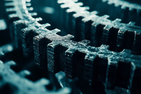 A study of a strong industrial gear, showing its textured surface and intricate design in a moody setting.の素材