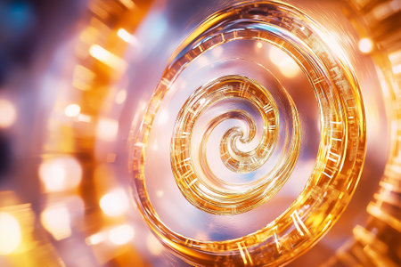 A spiral clock face captivates the senses with its glowing design, blending the essence of time with artistic elegance.の素材