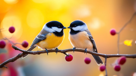 Two charming birds perch on a branch amid vibrant autumn colors and warm sunlight, radiating tranquility.の素材