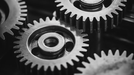 Intricate gears mesh seamlessly, symbolizing cooperation and collective effort within a sophisticated mechanism.の素材