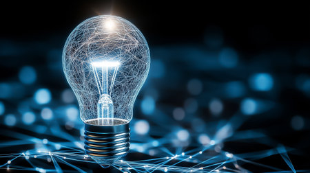 The luminous light bulb stands out, surrounded by intricate lines that evoke a sense of technological advancement.の素材