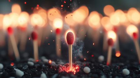 A solitary match lights up, triggering a stunning cascade of igniting matches in a captivating moment of fiery beauty.の素材