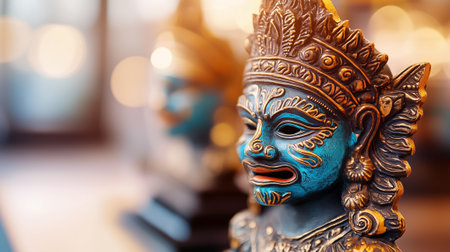 Colorful traditional masks stand proudly, celebrating heritage and artistry in a vibrant marketplace setting.の素材