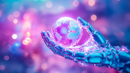 A metallic robotic hand extends towards a glowing digital globe showcasing a vibrant world map.の素材