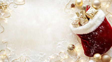 A cheerful red stocking brimming with beautifully wrapped gifts and surrounded by golden baubles evokes holiday joy.の素材