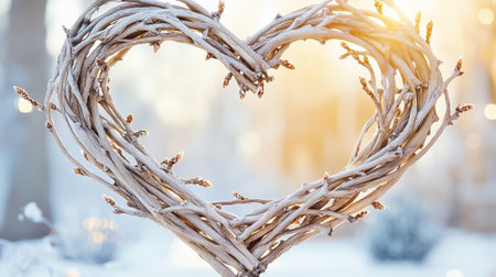 Twisted branches create a heart shape, glowing softly in the warm, golden light of a winter afternoon.の素材