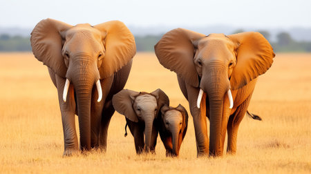 A family of elephants moves gracefully across the vast savannah, surrounded by golden grasses and warm sunlight.の素材