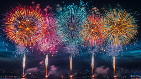 Colorful bursts of fireworks light up the night sky, creating a stunning visual celebration over a vibrant cityscape.の素材
