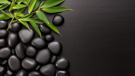 Basalt stones and bamboo create a tranquil composition on a dark surface, enhancing relaxation and meditation vibes.の素材