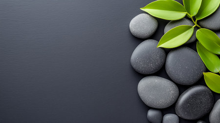 Basalt stones and bamboo leaves are thoughtfully arranged, creating a tranquil and serene environment.の素材