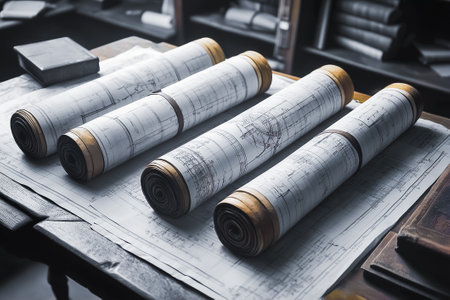 Rolled blueprints rest on a worn desk, merging creativity with chaos in a design studio.の素材