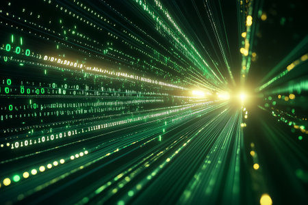 Green binary code rushes through a digital tunnel, surrounded by dynamic lights and effects.の素材