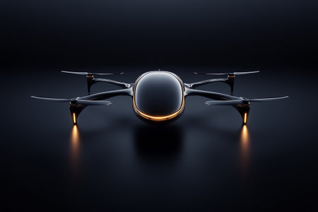 An advanced AI drone hovers gracefully, its propellers extended in a striking show of tech against a dark backdrop.の素材