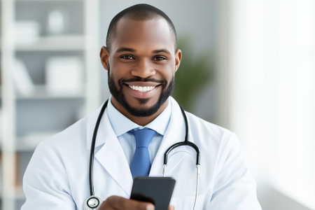 A healthcare provider conducts a telemedicine appointment, smiling while using a smartphone in a well-lit office.の素材