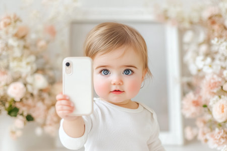 A joyful toddler holds up a phone with wide gray eyes, surrounded by delicate flowers in a softly lit setting.の素材