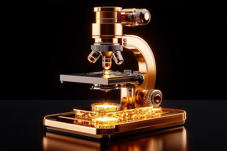 A golden laboratory microscope highlights a vibrant illuminated slide, emphasizing cutting-edge research and innovation.の素材