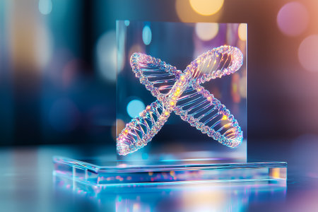 A vibrant holographic DNA double helix shimmers within a chaotic, ethereal backdrop.の素材