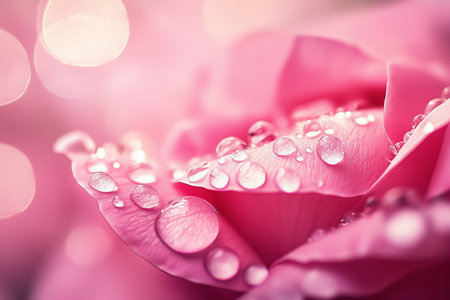 Soft pink rose petals glisten with gentle droplets, evoking a sense of tranquility and romance in a serene setting.の素材