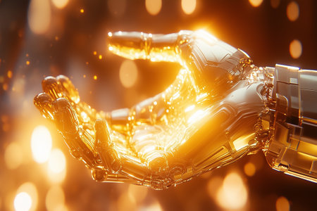 A human hand and a robotic hand connect, showcasing a moment of grace and innovation.の素材