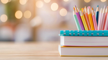 Colorful pencils are arranged on top of notebooks, showcasing a cozy study atmosphere with warm lighting.の素材