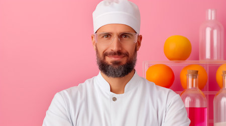 A skilled chef wearing a white uniform and hat smiles warmly in a colorful kitchen filled with fresh fruits and glass containers. The background is bright and inviting.の素材