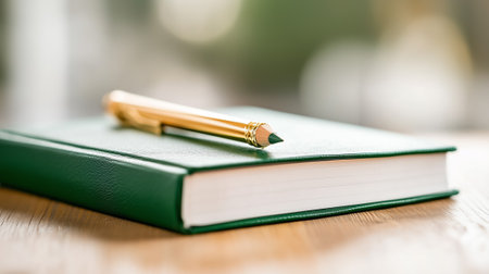 A golden pen is placed on a green notebook, sitting atop a wooden desk in a serene study setting.の素材
