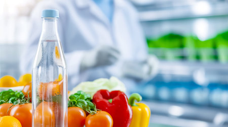 A worker in a commercial kitchen handles fresh vegetables, including peppers and tomatoes, alongside a bottle of water, emphasizing healthy meal options.の素材