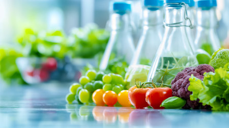A colorful assortment of fresh vegetables and fruits lays on a kitchen counter with glass bottles in the background, highlighting a vibrant and healthy lifestyle.の素材