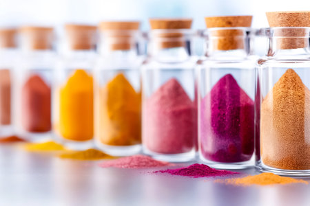 A collection of glass jars filled with vibrant spices sits in a line, featuring shades of yellow, pink, orange, and purple, reflecting natural light beautifully.の素材