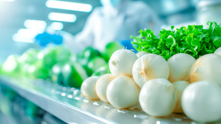 Crisp lettuce and white onions are arranged on a counter in a vibrant market. Workers in protective gear diligently prepare produce for customers.の素材