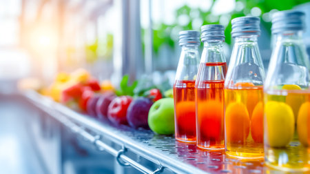 A variety of freshly bottled juices sits on a metal shelf in a greenhouse, surrounded by colorful fruits, basking in warm afternoon light.の素材