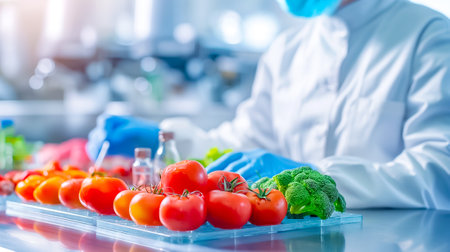 A food scientist in a lab coat inspects vibrant tomatoes and broccoli in a professional kitchen environment, focusing on quality control procedures.の素材