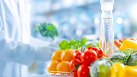A scientist in a lab coat inspects a colorful assortment of fresh fruits and vegetables on a laboratory table, focusing on food safety research.の素材