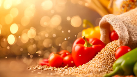 A burlap sack spills vibrant red tomatoes and green peppers onto a wooden surface, illuminated by soft ambient light, creating a warm and inviting atmosphere.の素材