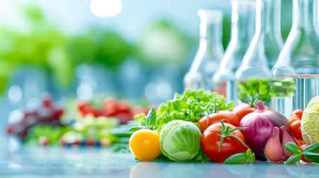 A vibrant assortment of fresh vegetables, herbs, and colorful ingredients is artistically arranged in a modern kitchen, preparing for healthy cooking.の素材