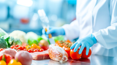 Fresh vegetables and cuts of meat are being prepared in a bright, modern kitchen, with a chef wearing gloves focusing on their culinary tasks.の素材