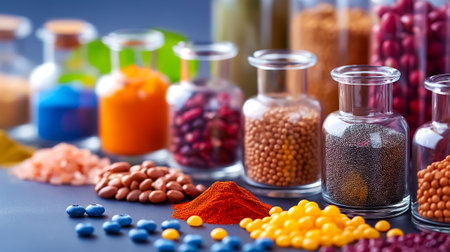 A vibrant collection of various spices and seeds is arranged in clear glass jars. The colorful assortment showcases different textures and shades, creating an appealing display.の素材