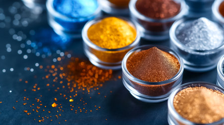 A vibrant collection of metallic powders in small containers showcases shades of blue, gold, and silver. These materials are perfect for creative projects and artistic applications.の素材