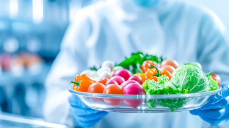 A chef in a white uniform holds a glass platter filled with vibrant, fresh vegetables including tomatoes, lettuce, and peppers in a contemporary kitchen setting.の素材