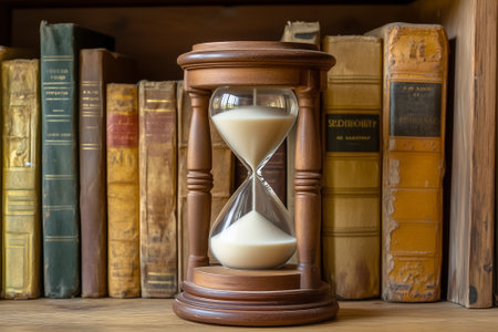 Sand moves steadily through the hourglass, resting on a shelf filled with various vintage books and literary treasures.の素材