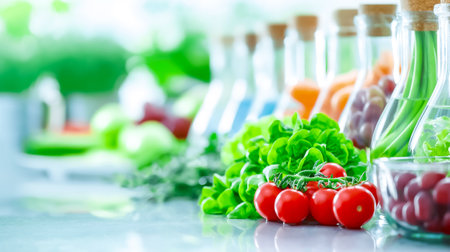 A variety of vibrant vegetables sits alongside colorful juices in glass containers on a kitchen counter, creating a fresh and healthy culinary environment during daylight.の素材