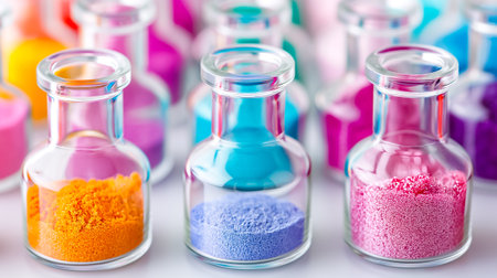 Brightly colored powders in glass jars are neatly organized on a table, showing a variety of vibrant hues. The lighting enhances the vividness of each jar.の素材