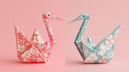 Two beautifully crafted origami cranes in floral patterns exhibit artistic skill and creativity on a pastel backdrop.の素材