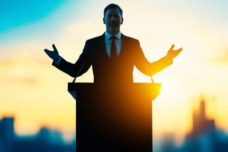 A confident speaker gestures passionately while delivering a speech at dawn with a vibrant skyline behind.の素材