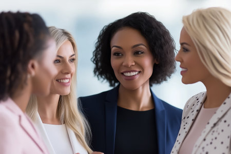 A group of four women smiles and converses energetically in a modern conference setting.の素材