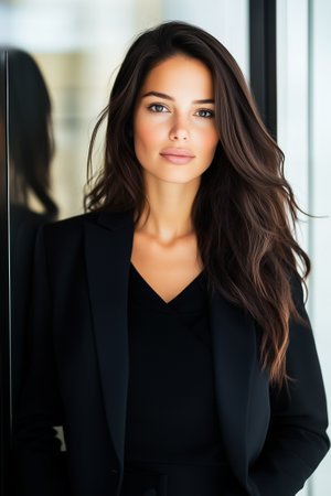 A confident woman in a black suit stands in an elegant office, her long hair framing her direct gaze at the camera.の素材