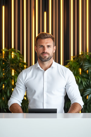 A professional receptionist stands ready to assist visitors in a sleek office adorned with stylish lighting.の素材